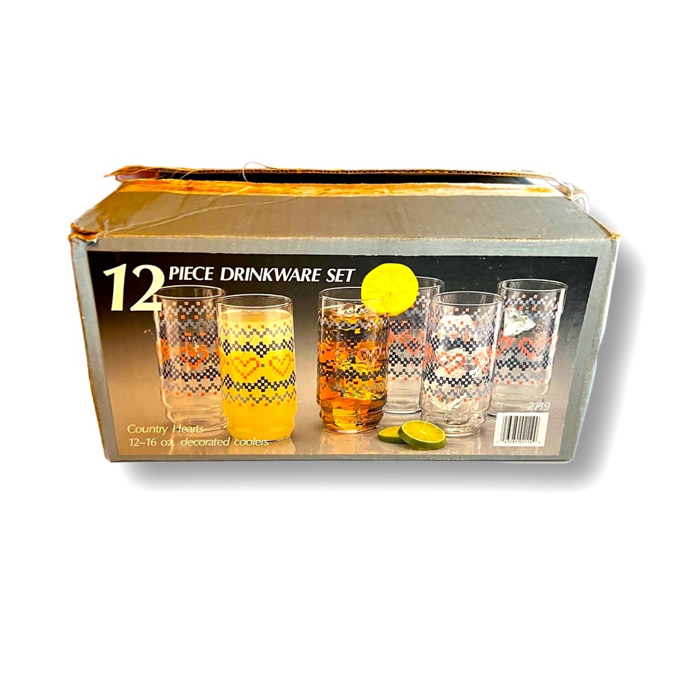 Indiana Glass 12 Piece Country Hearts Pattern 16 Ounce glasses Orinoco BOX!